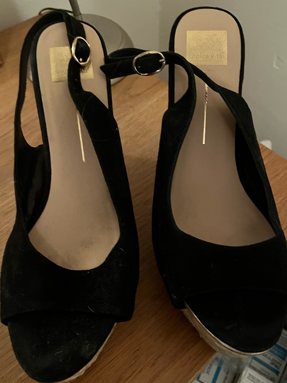 Dolce Vita Black Suede Open-Toe Slingback Wedge Heels